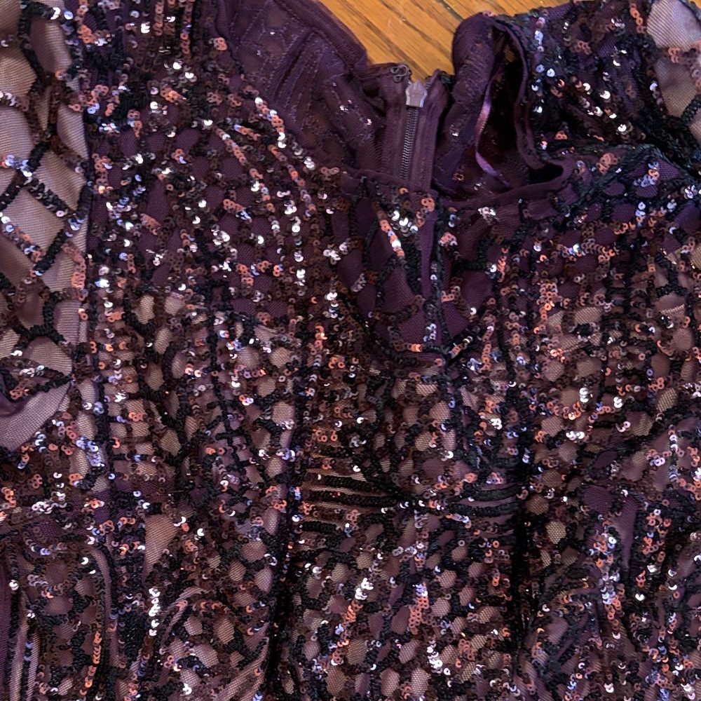 R&M Richards Plum Sequin Bodice Satin High-Low Gown with Sash - Picture 2 of 7